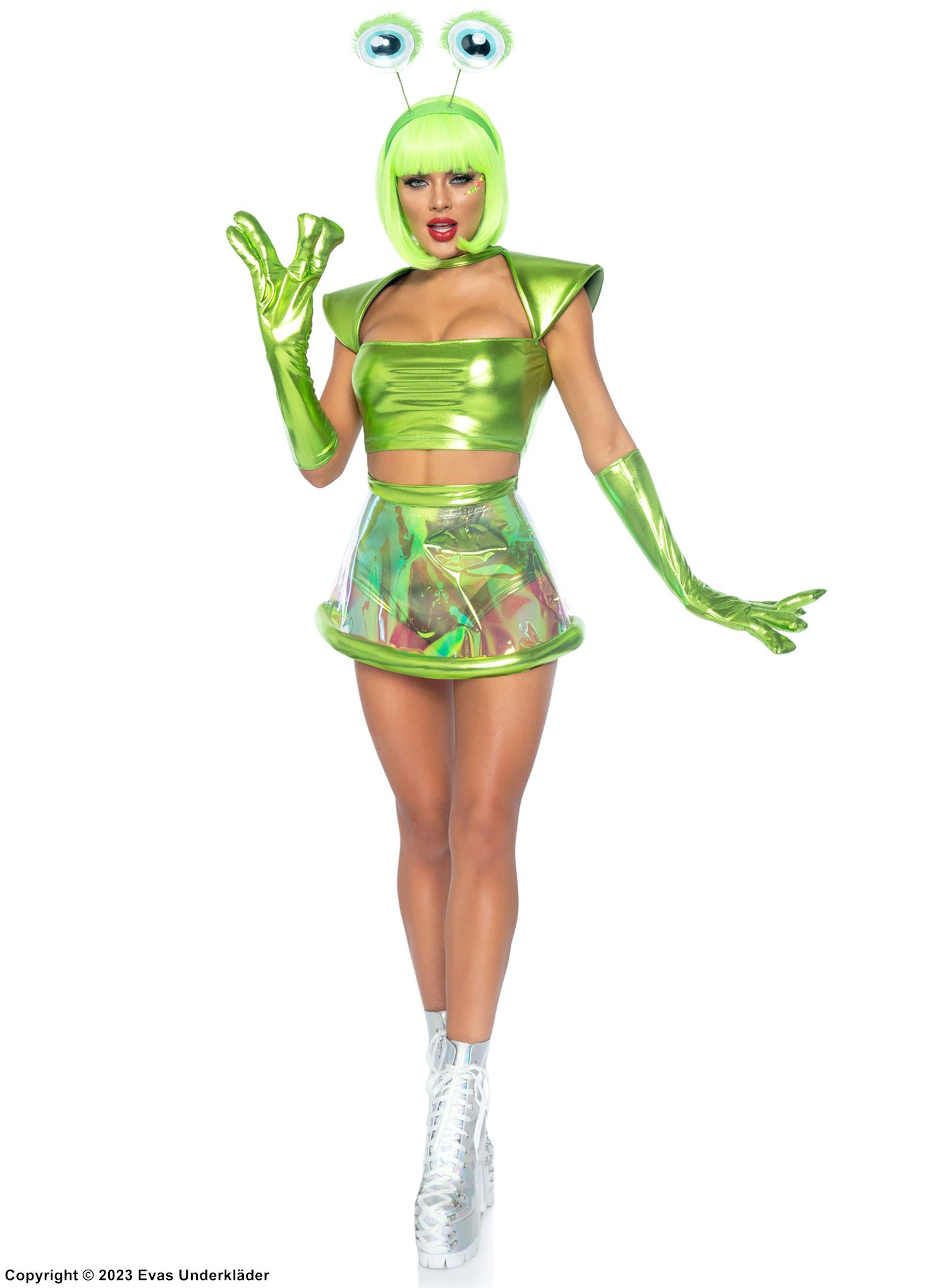 Alien, top and skirt costume, iridescent fabric, eye print